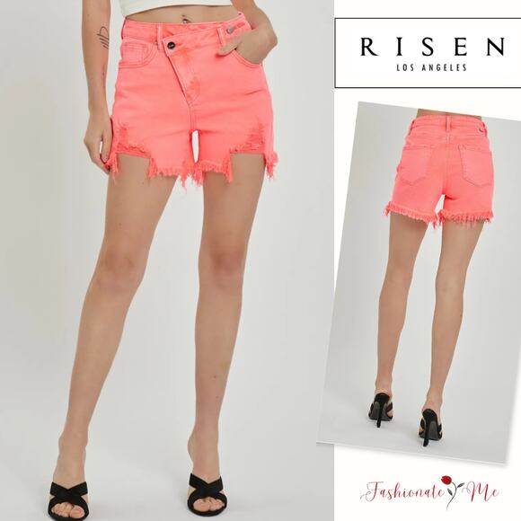 RISEN High Rise Raw Hem Asymmetrical Waist Washed Denim ShortsCoral Pink